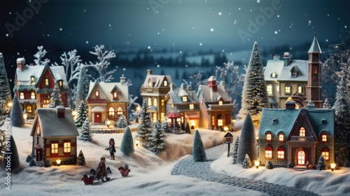 Christmas village with vintage snow on Christmas night