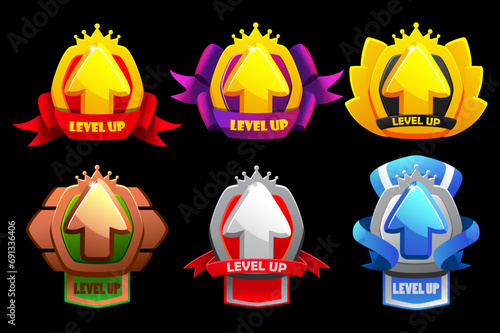 Level up awards. UI game badge icons. Medals set images for a 2D game.