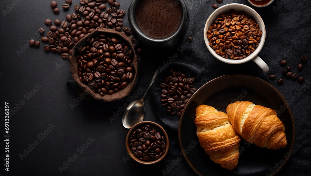 Coffee cup with coffee bean, pastry, croissant on rustic black table counter background, text copy space, top view, view from above, breakfast, banner, cafe, morning concept. generative ai Coffee cup with coffee bean, pastry, croissant on rustic black table counter background, text copy space, top view, view from above, breakfast, banner, cafe, morning concept. generative ai