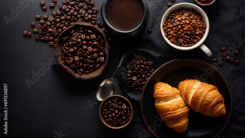 Coffee cup with coffee bean, pastry, croissant on rustic black table counter background, text copy space, top view, view from above, breakfast, banner, cafe, morning concept. generative ai