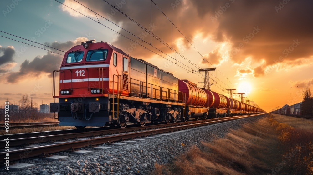 Fototapeta premium Freight train. Rear view of the last wagon of a freight train. Wagons with goods delivery.