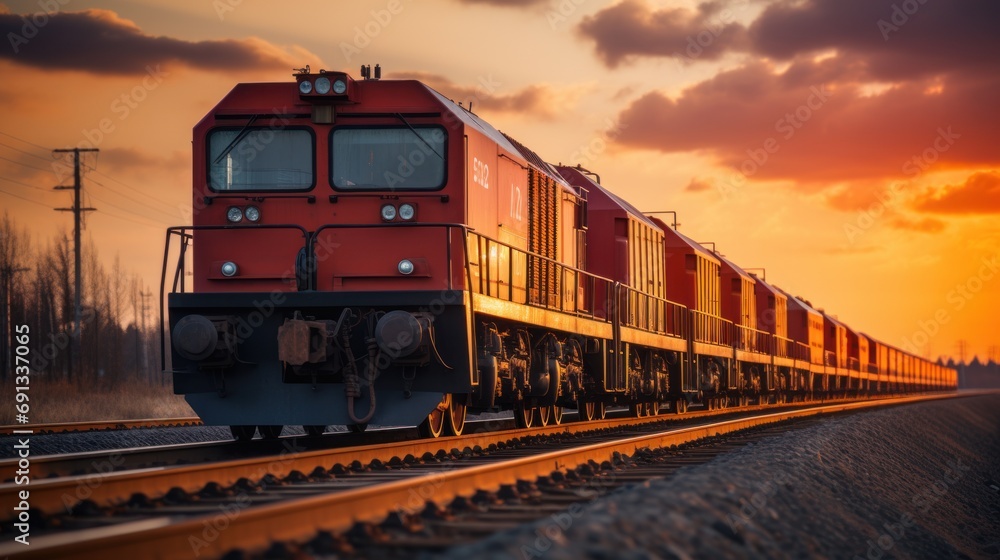 Fototapeta premium Freight train. Rear view of the last wagon of a freight train. Wagons with goods delivery.