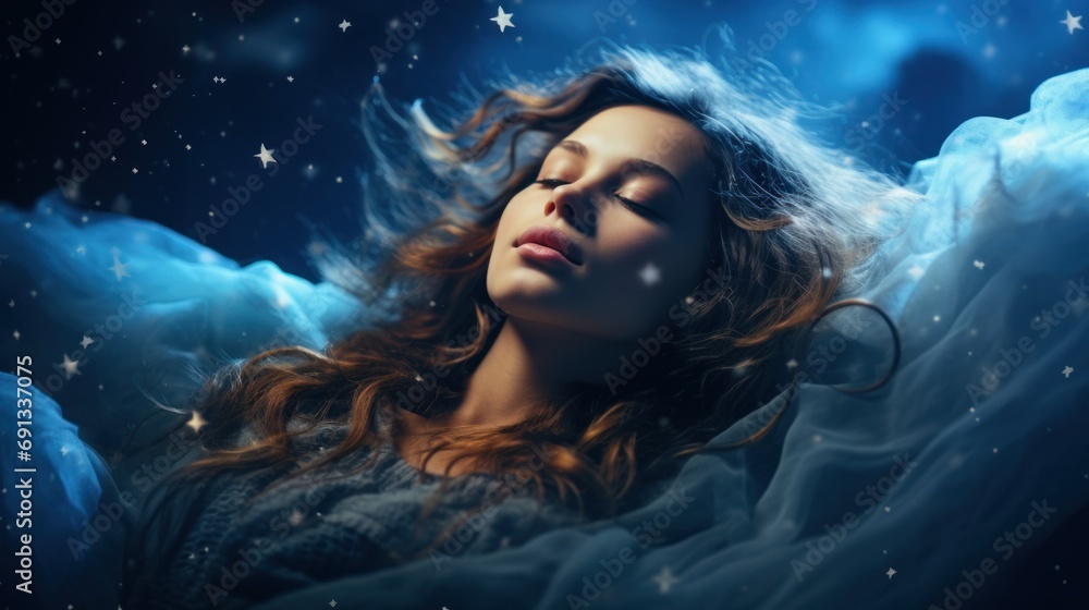girl lying among the stars in the sky blue northern lights The light shines brightly girl lying among the stars in the sky blue northern lights The light shines brightly