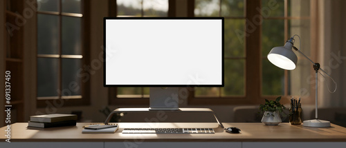 Cosy Scandinavian office room with a PC computer mockup, a table lamp, and accessories on a desk.