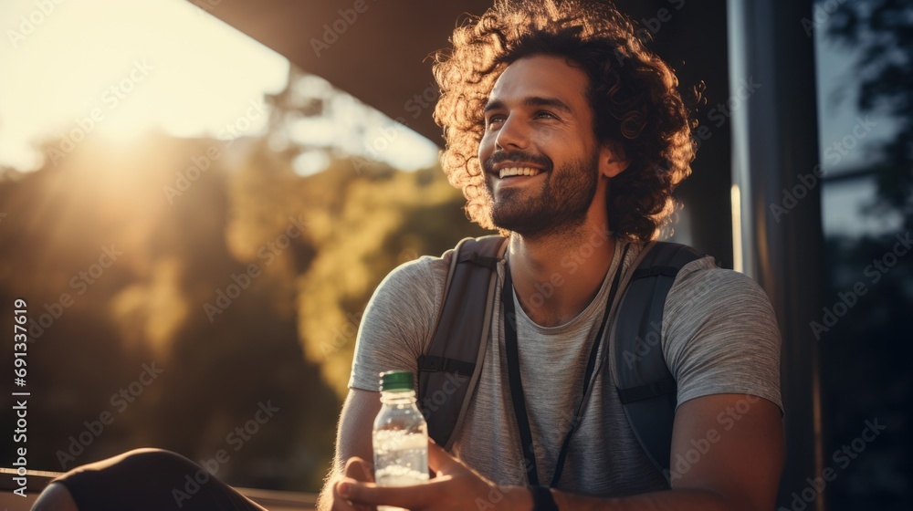 cheerful sportsman watching funny movies, listening to music, holding a bottle of water, - obrazy, fototapety, plakaty 