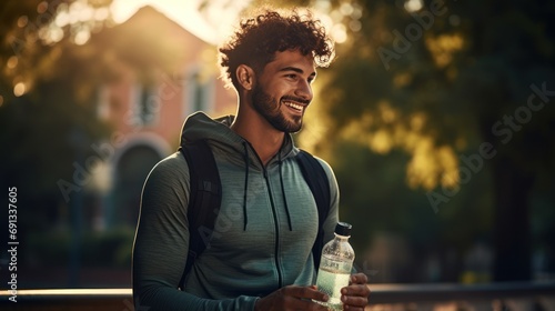 cheerful sportsman watching funny movies, listening to music, holding a bottle of water,