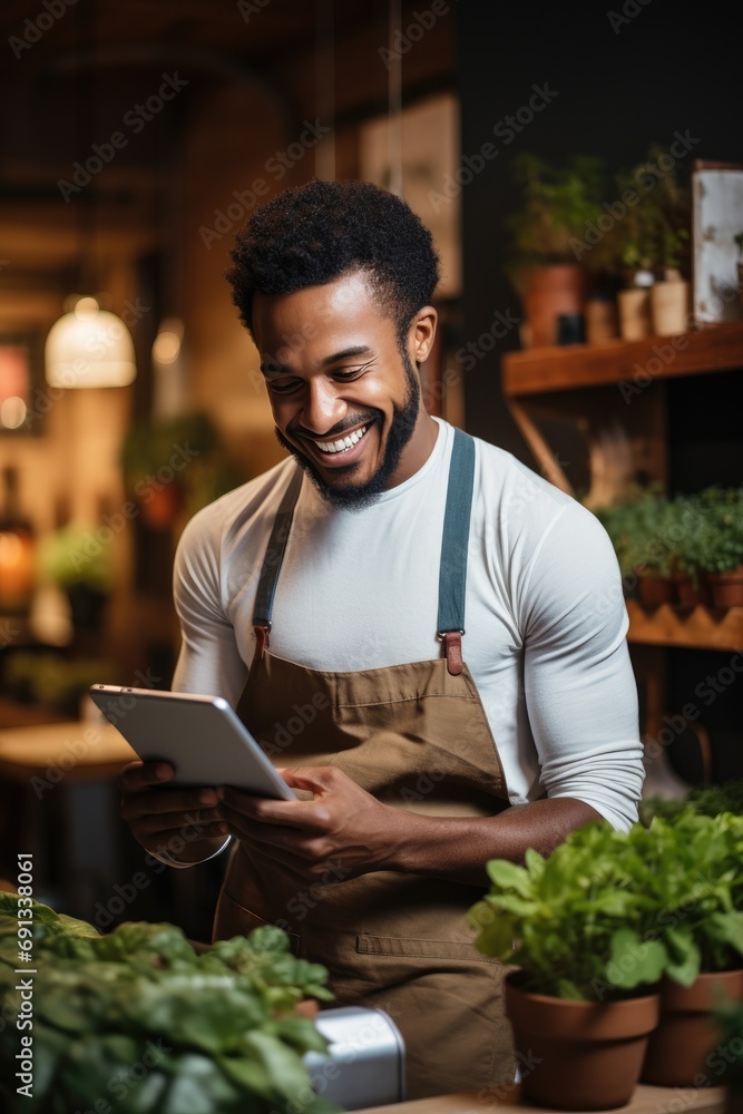 small business owner using a tablet to process a payment at their shop's checkout counter. small business owner using a tablet to process a payment at their shop's checkout counter.