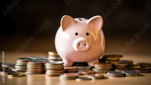A piggy bank with the words "savings" written on it, surrounded by coins and ...