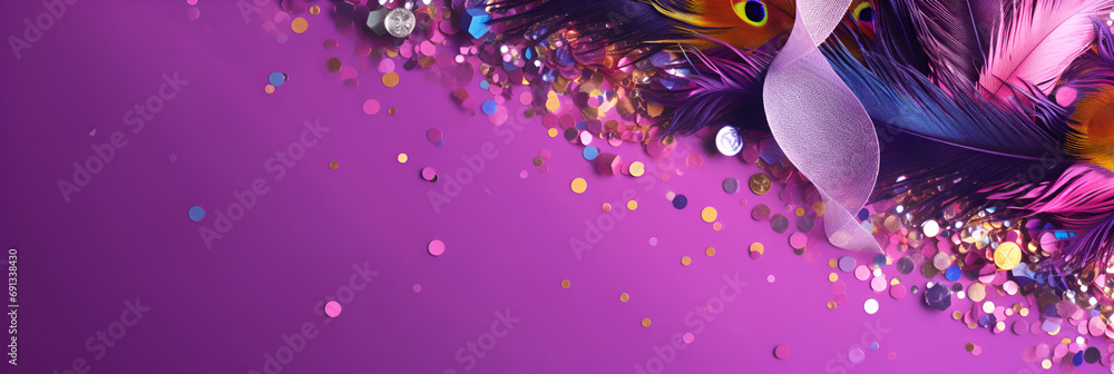 Feathers on a purple background, suitable for design with copy space, Mardi Gras celebration. - obrazy, fototapety, plakaty 