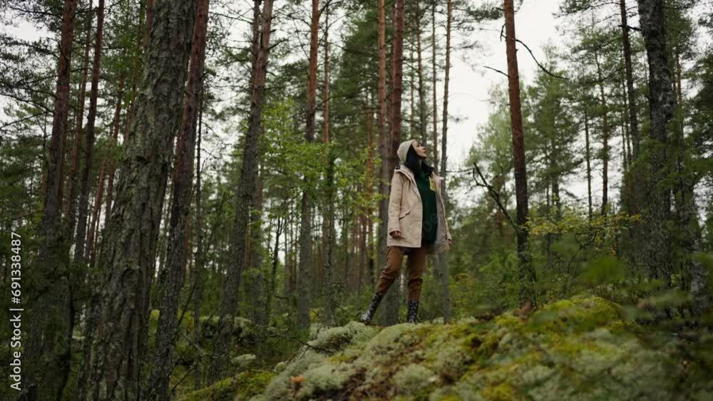 Female Traveler Walking Alone In Forest In Autumn Day, Exploring New Natural Locations Female Traveler Walking Alone In Forest In Autumn Day, Exploring New Natural Locations