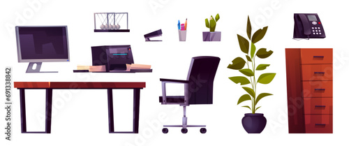 Modern workspace furniture and equipment. Cartoon vector set of office interior elements - desk and chair, computer and printer with paper, chancellery and green plant in pot, cabinet and phone. photo