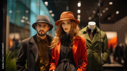 Men's and women's clothing store Three mannequins dressed in parkas, jackets,