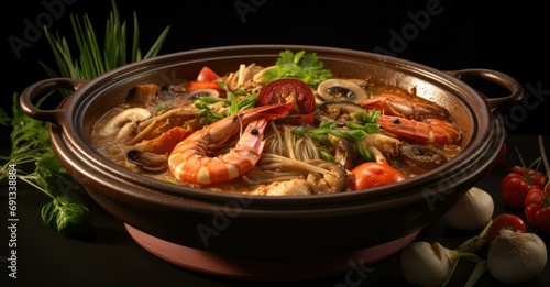 A vibrant bowl of spicy Thai soup, filled with shrimp, mushrooms, and vegetables, served in a traditional clay pot. Generative AI.