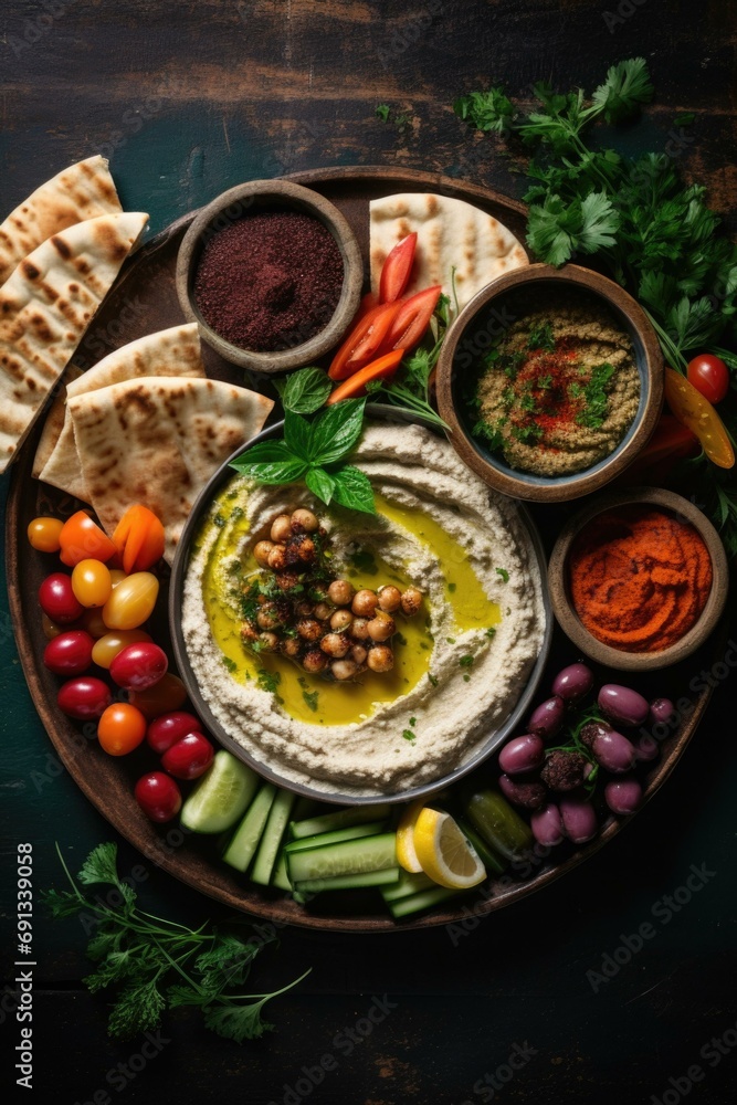 A delicious platter of hummus with fresh vegetables and pita bread, perfect for a Mediterranean feast. Generative AI.