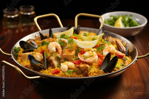 A vibrant Spanish paella, rich with saffron-yellow rice, chicken, chorizo, seafood, and garnished with lemon and parsley, presented on a rustic wooden table. Generative AI.
