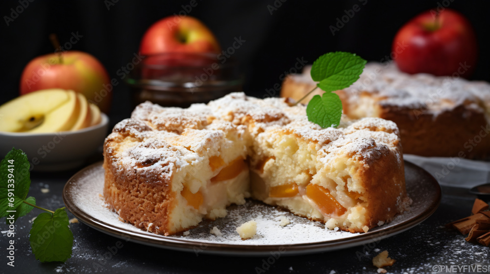 Homemade cake with sugar and apple