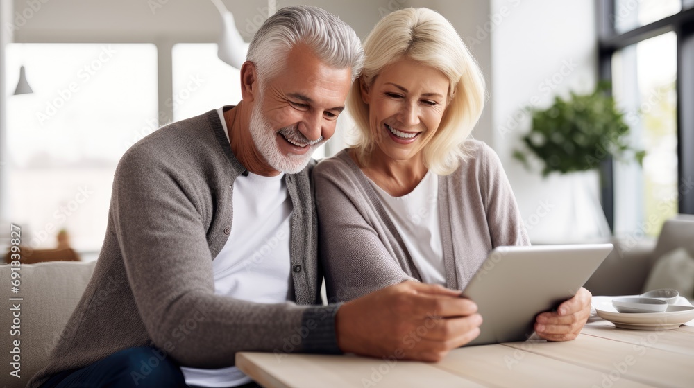 A smiling couple holding hands and looking at a financial plan on a tablet A smiling couple holding hands and looking at a financial plan on a tablet