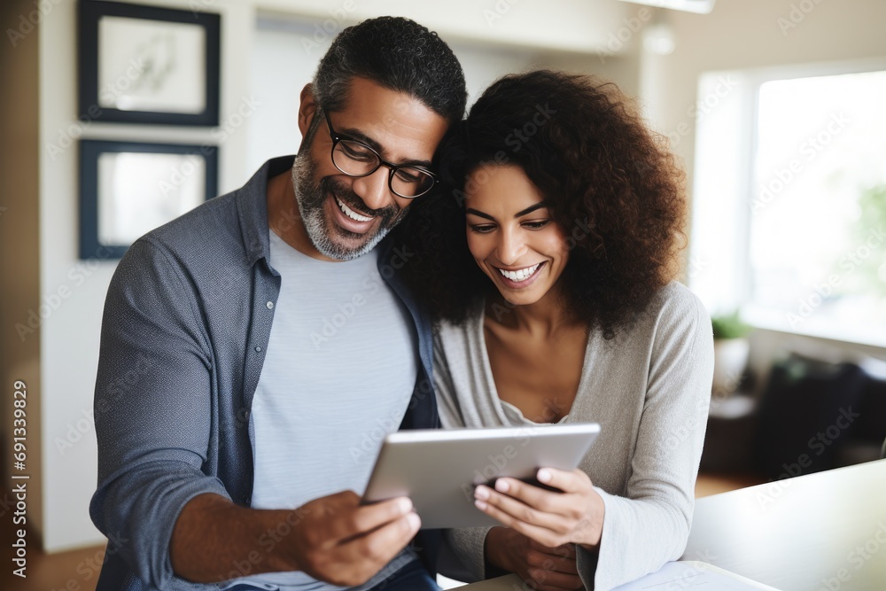 A smiling couple holding hands and looking at a financial plan on a tablet - obrazy, fototapety, plakaty 