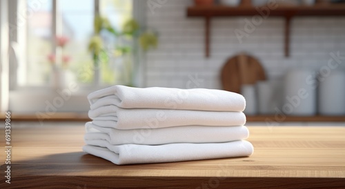 a stack of white towels on the kitchen countertop towel