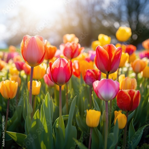 A stunning image of a field of brightly colored tulips #691339883
