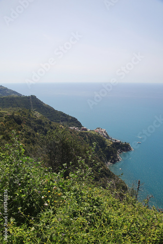 The panorama of CInque Terre national park and Corniglia village, Italy