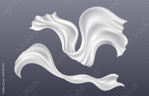 Sheet of white silk ribbon flying and flowing in air. Realistic vector illustration set of satin cloth or curtain wave on wind. Breeze blowing and curving pieces of fabric drapery tape with folds.