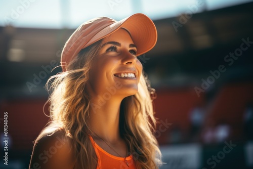 Happy young female tennis player in sports clothes playing tennis waiting to be served
