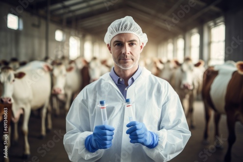 Veterinarian holds a syringe with vaccine on the background of a dairy cow in a cow barn. photo