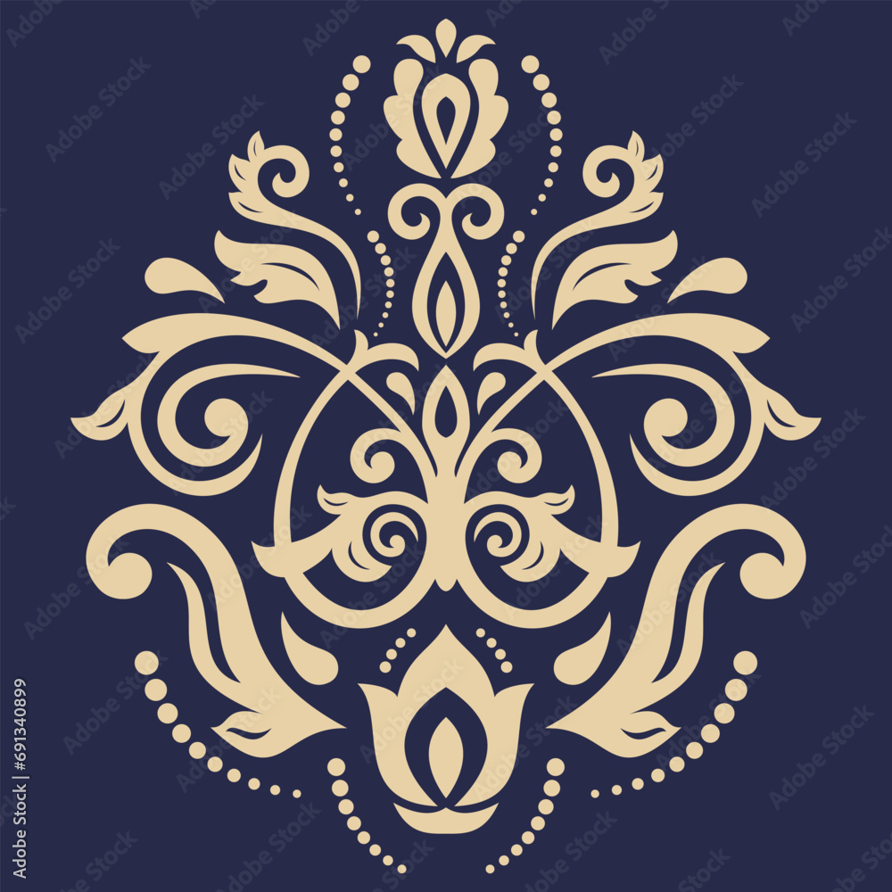 Oriental vector ornament with arabesques and floral elements. Traditional classic navy blue golden ornament. Vintage pattern with arabesques