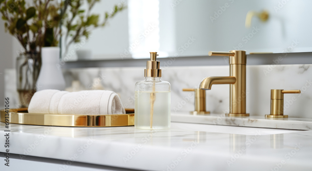 a white bathroom with marble countertops and several bathroom products a white bathroom with marble countertops and several bathroom products