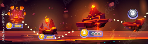 Arcade game map with floating volcanic islands. Vector cartoon illustration of prehistoric landscape with volcano eruption, lava and magma flow in stone cracks, level score and lock icons, gui design