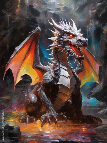 Oil painting of a formidable dragon in a cave backdrop filled with clear prisms is positioned where colorful light bounces and sparkles. ai generative