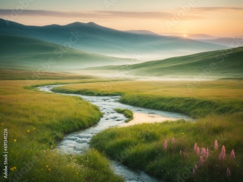 calm morning with dew on grass and wildflowers by a meandering stream pastel sunrise nature scene tranquil background