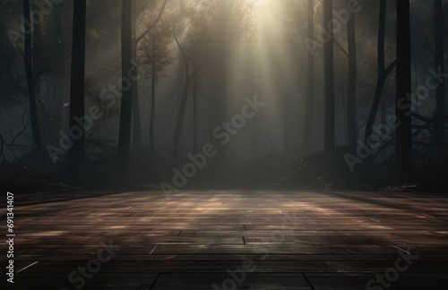 a wood table in a dark forest with lights © olegganko