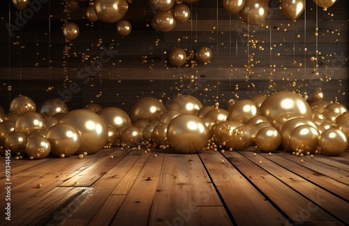 a wooden floor with golden balloons in the background