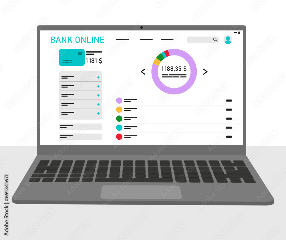 Financial management. Laptop with banking application interface. Vector illustration Financial management. Laptop with banking application interface. Vector illustration