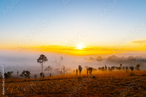 Landscape of Thung Salaeng Luang National Park Phetchabun Province Beautiful nature of sunrise and morning mist in the savannah. in winter in Thailand.