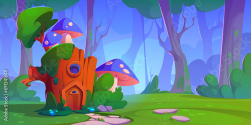 Fairytale tiny house made of tree stump. Small fantastic elf or gnome hut with mushrooms, window and door on lawn with green grass in forest. Cartoon vector of fabulous scenery with magic little home.