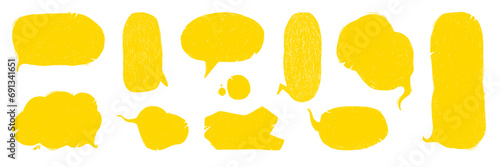 Set of hand drawn dialogue box with crosshatch texture. Yellow speech bubbles icon for stickers, collage. Pencil drawn doodle style vector illustration.