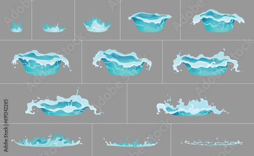 Water splash animation. Dripping water special effect. Fx sprite sheet. Clear water drops burst for flash animation in games and video. Cartoon frames photo