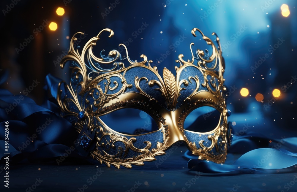 an elegant blue masquerade mask on a blue background