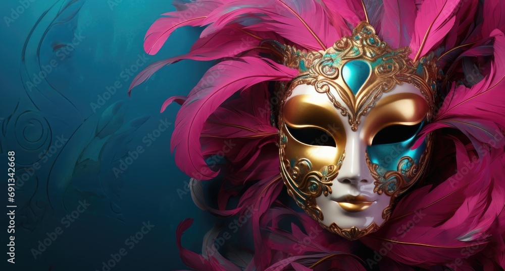 an elegant mask is displayed on a bright pink background