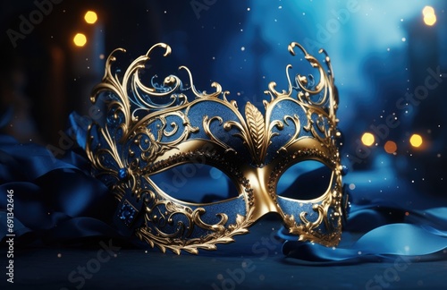 an elegant blue masquerade mask on a blue background