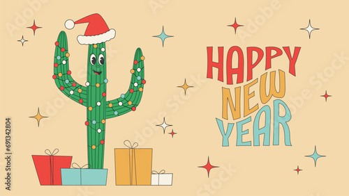 Saguaro cactus dressed up instead of a Christmas tree.New Year's cactus in retro groovy style.Banner with text.Vector stock illustration.