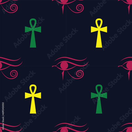 Eye of Horus and ankh egyptian cross seamless pattern. Egyptian vector illustration.