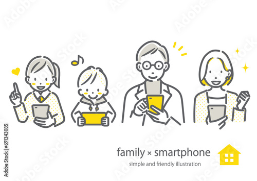 スマホを使うミドル世代の4人家族　シンプルでお洒落な線画イラスト