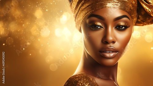 African American woman in gold on golden sparkling background.