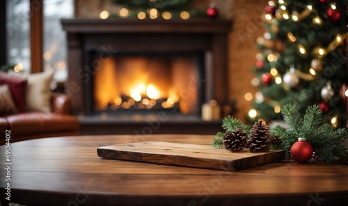 Wood table with blurry christmas tree and fireplace background with copy space © Zahfran