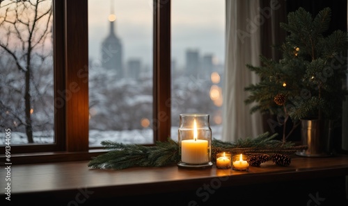Winter wood table with window view of city and candle and branch with copy space