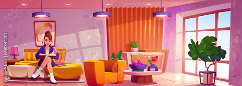 Young girl sitting on bed in bedroom reading book. Cartoon vector illustration of cozy home room interior with flowers and decor picture on wall. Woman relaxing or studying with book alone.
